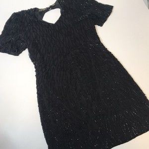 VINTAGE Mark & John XL (L) Black 100% Silk Short Cocktail Dress Beaded Sequin